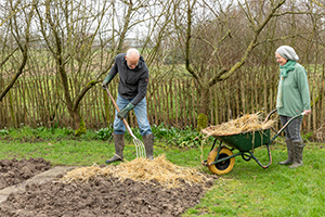 Man en vrouw beschermen gewas met mulch / mulchen